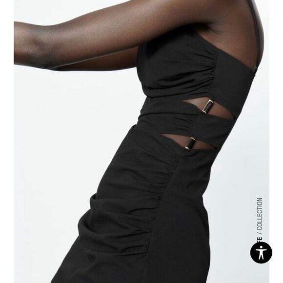 Zara Black Cut Out Mini Dress Womens M NYE LBD Sexy Cocktail Evening Event - Picture 2 of 9